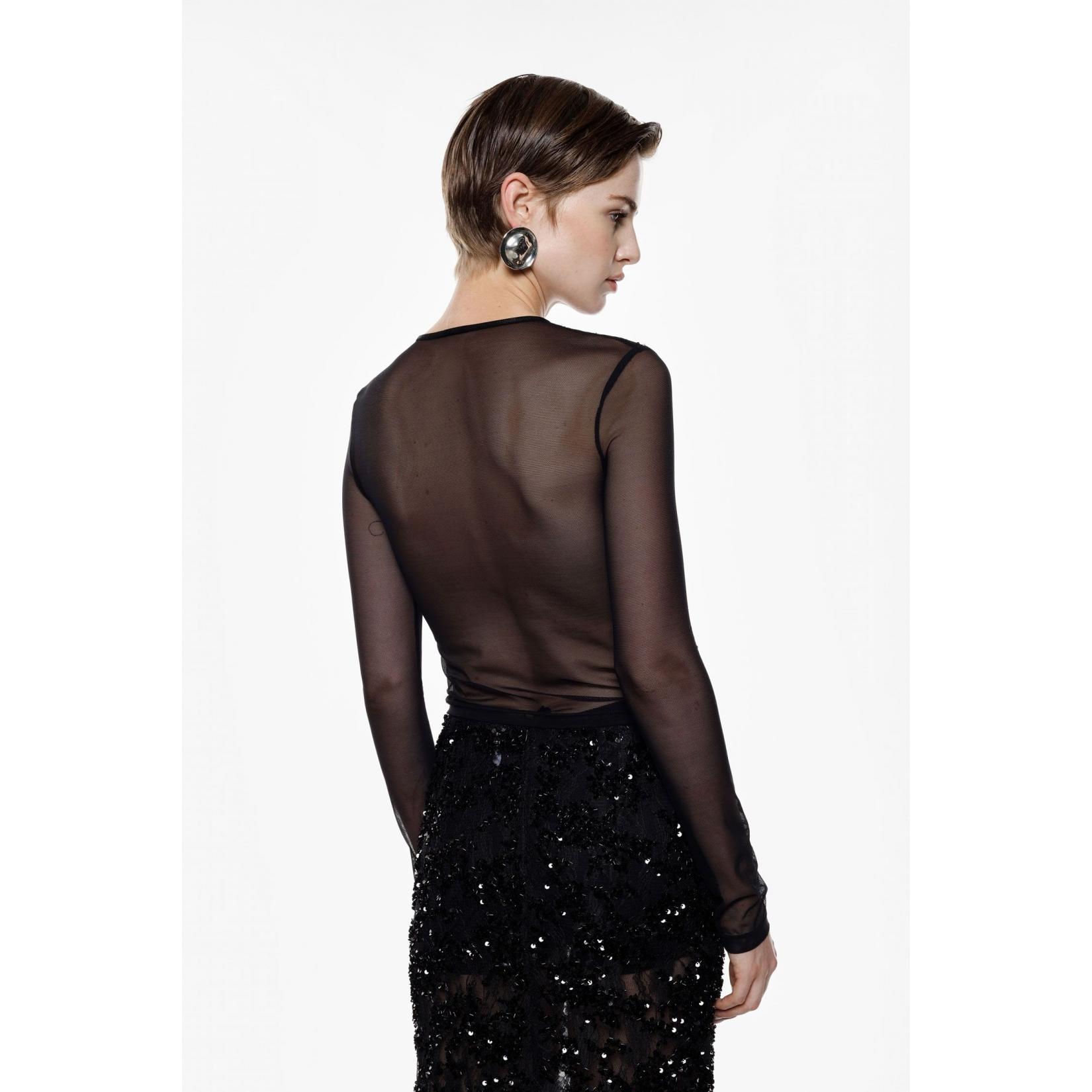 Top cropped con maniche in tulle e applicazioni