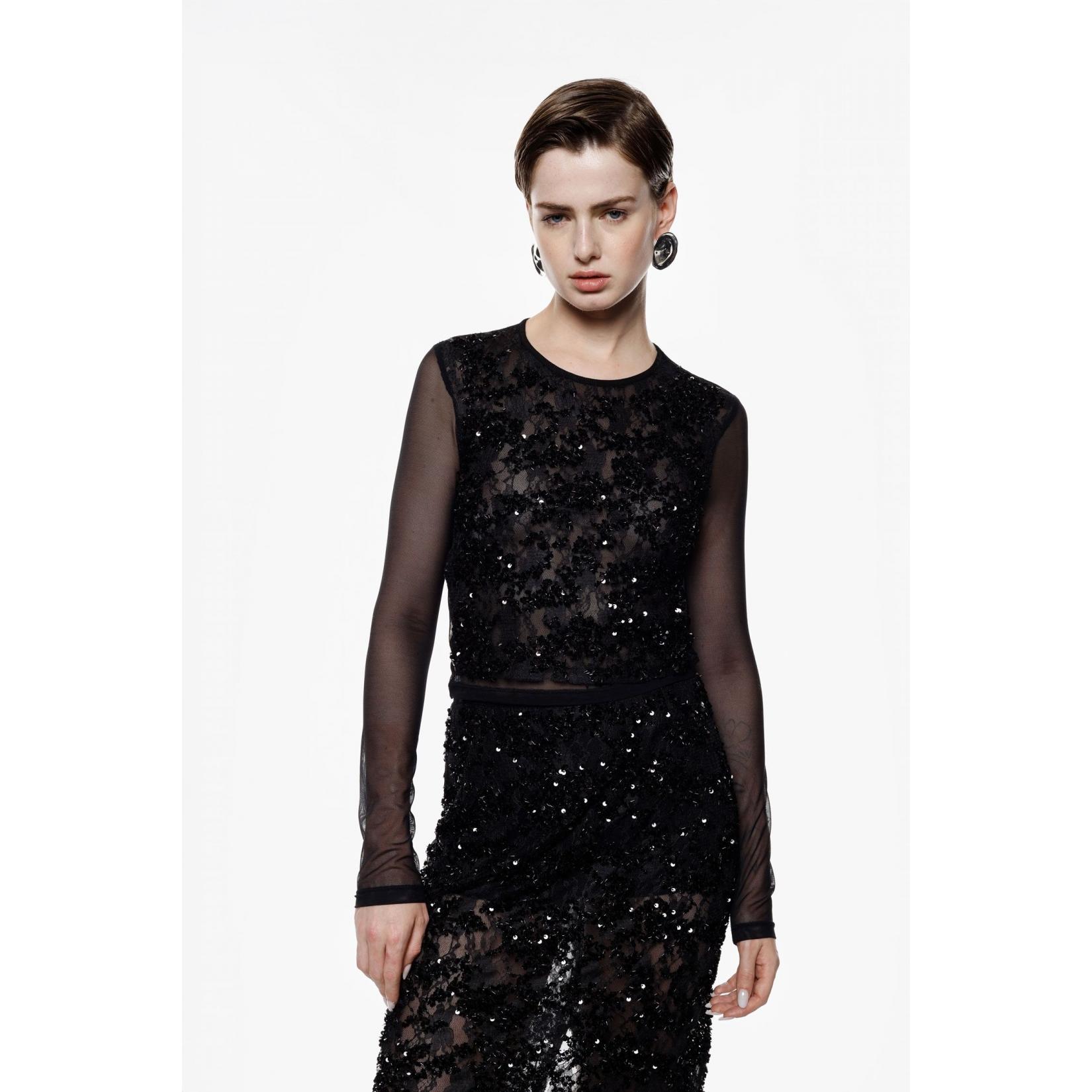 Top cropped con maniche in tulle e applicazioni